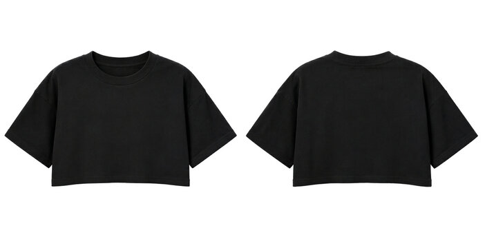 Front and back view of black blank cropped t shirt mockup, isolated apparel template for design presentation