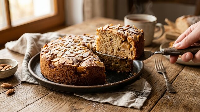 Freshly baked apple cake topped with sliced almonds, served on rustic wooden table with one slice lifted by spatula.