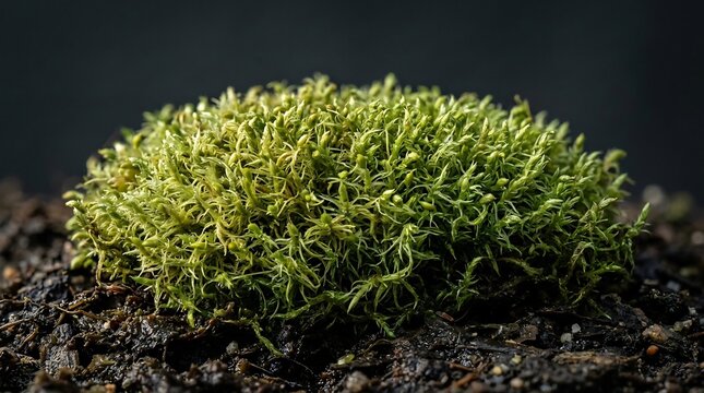 Lush mound of vibrant green peat moss growing from dark moist soil representing the organic resilience and vitality of primordial wetland ecosystems