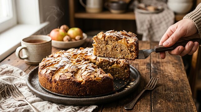 Freshly baked apple cake topped with sliced almonds, served on rustic wooden table with one slice lifted by spatula.
