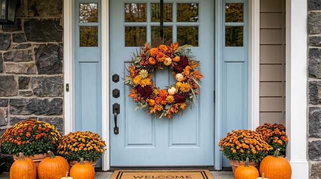 Autumn wreath featuring pumpkins, gourds, chrysanthemums and berries on a light blue wooden front door.