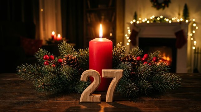 Glowing red pillar candle with evergreen pine branches and wooden number 27 on a dark wooden surface, festive lighting.