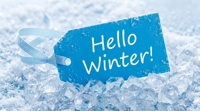 Gift tag reading Hello Winter beside crushed glistening ice cubes, pale blue ribbon and cool frosty textures.