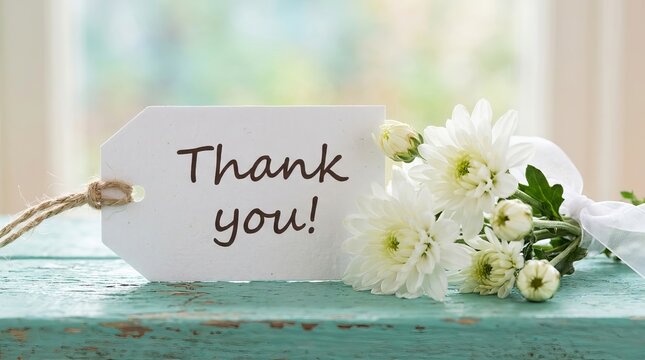 White gift tag reading Thank you beside white chrysanthemums tied with ribbon on distressed turquoise wooden surface.