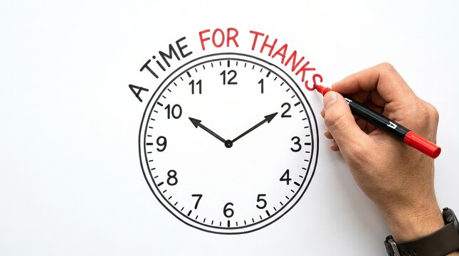 Typography featuring the phrase A TIME FOR THANKS written along a hand-drawn clock face on a white background.
