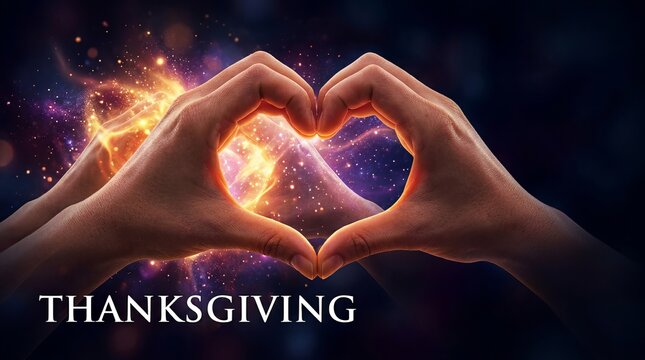 Thanksgiving banner featuring heart-shaped hands, radiant golden light, magical sparkles and THANKS GIVING text.