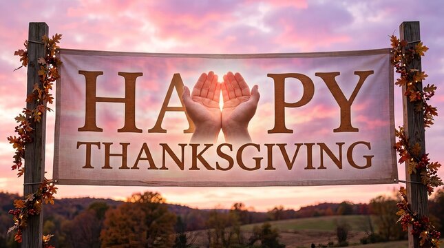 Thanksgiving banner featuring HAPPY THANKSGIVING text with cupped hands replacing A against a pastel sunset sky.