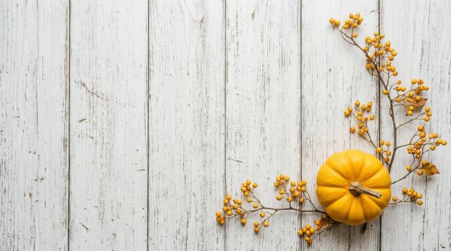 Minimalist autumn flat lay featuring a yellow pumpkin and berry branches on distressed white wood background.