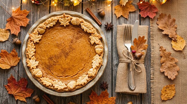Top-down pumpkin pie with leaf-shaped pastry crust, silverware wrapped in burlap and autumn leaves on rustic wood.