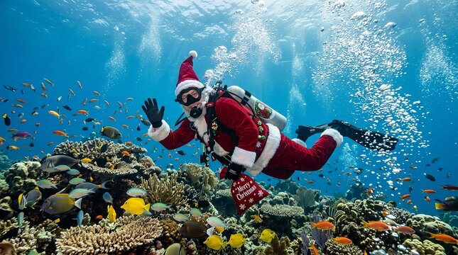 Scuba diver dressed as Santa Claus swimming among tropical fish and coral reefs with rising air bubbles underwater.
