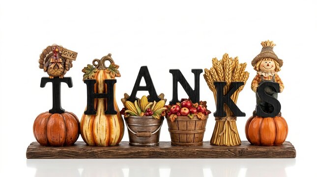 Typography featuring the word THANKS displayed as a Thanksgiving tabletop figurine on a textured wooden base.