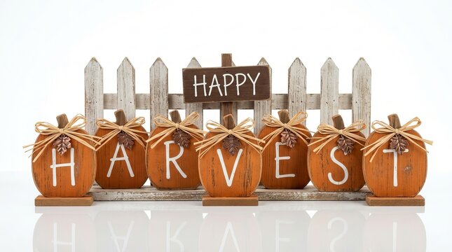 Rustic Thanksgiving tabletop decoration featuring Happy Harvest lettering on wooden pumpkins with raffia bows and leaf accents.