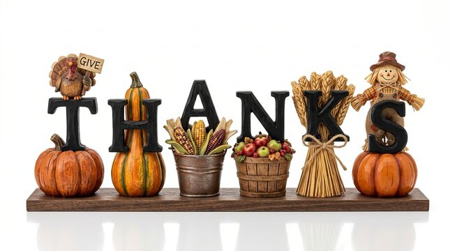 Typography featuring the word THANKS displayed as a Thanksgiving tabletop figurine on a textured wooden base.