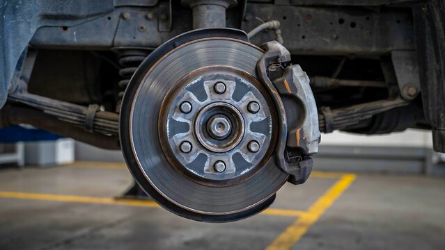Automotive brake disc and caliper during vehicle repair and maintenance service