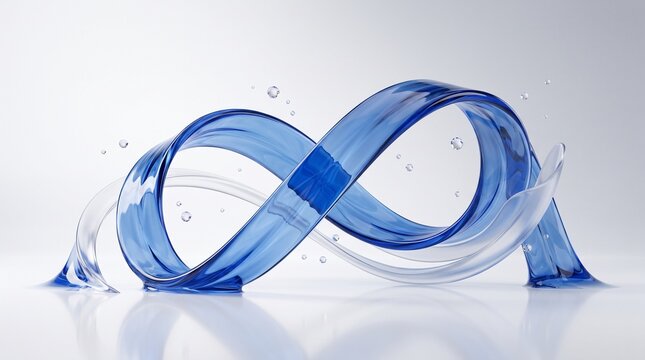 A fluid, translucent blue ribbon shaped into an infinity loop, featuring dynamic splashes and liquid droplets against a clean, minimalist white background representing motion and continuity.