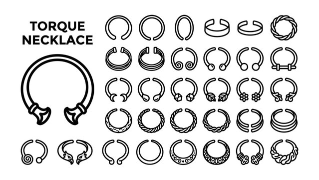 Collection of Torque Necklace Designs: A graphic display showcasing various styles and intricate patterns of torque necklaces, presented as minimalist line art.