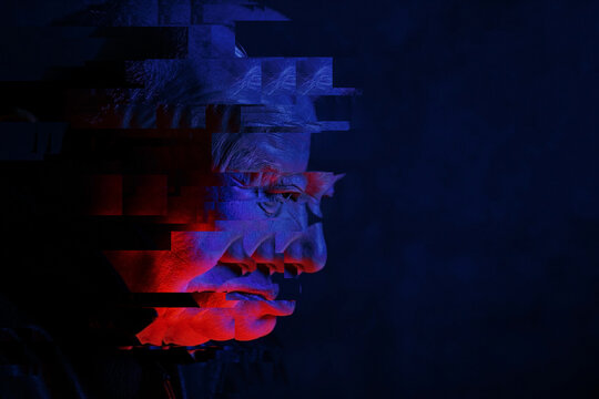 Pixelated senior man face in neon light showing virtual reality