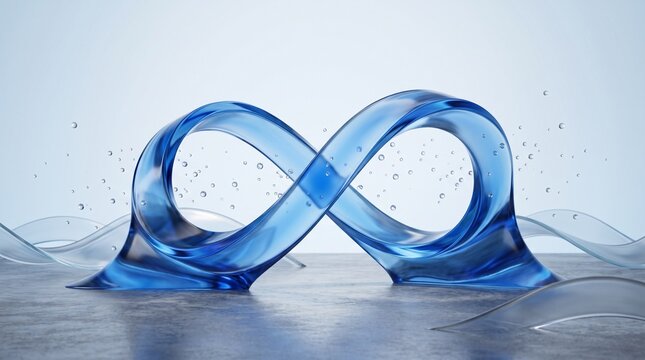 A mesmerizing, translucent blue infinity symbol formed from liquid, gracefully emerging from a rippling watery surface with small droplets suspended in the air, against a soft, gradient blue