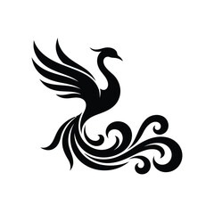 Fototapeta premium Minimalist black silhouette of a mythical phoenix bird with elegant swirling tail feathers on white background