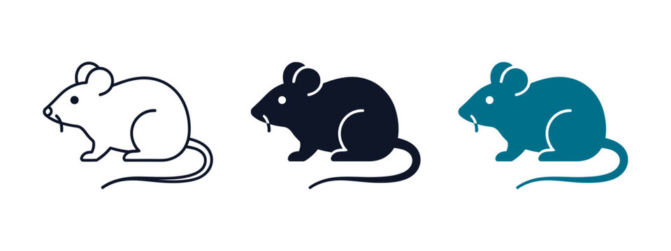 Mouse, little rat, and rodent vector icon set featuring outline, solid black, and blue colored symbols