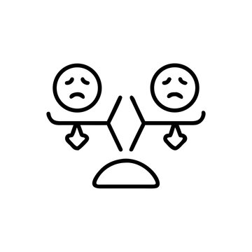 Emotional imbalance outline icon or scales with sad faces line art drawing.