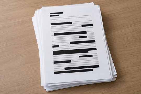 Stack of Redacted Confidential Documents on Wooden Desk