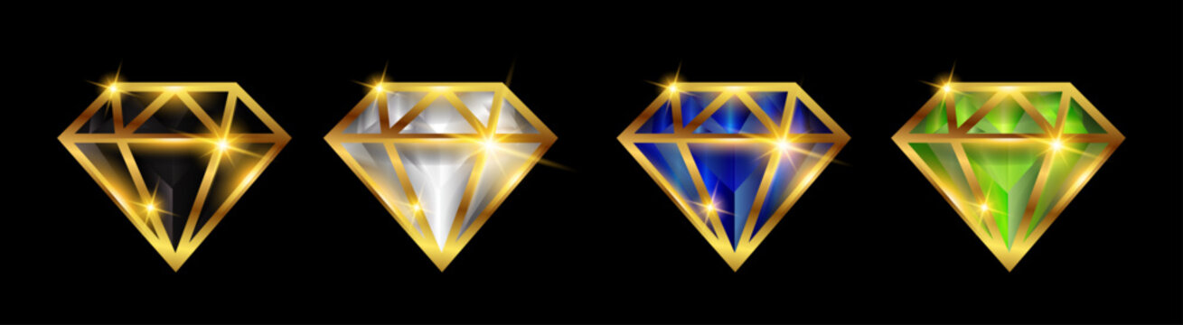 Luxury Diamond Vector Set Black, Green, blue, white and Gold Line Art Gemstones on Black Background