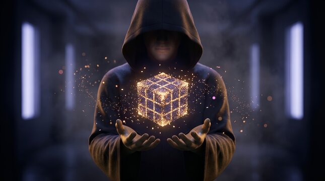 Cybersecurity encryption concept with hooded figure holding glowing digital particle cube representing blockchain technology and algorithms