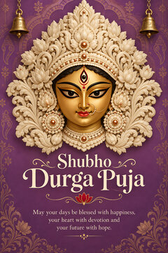 Traditional goddess durga portrait with white crown temple bells and purple festive background for durga puja and navratri spiritual celebration greeting design