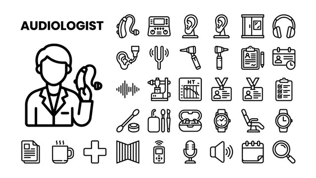Audiologist's Toolkit: A collection of outline icons representing the tools, equipment, and concepts associated with audiology and hearing care.
