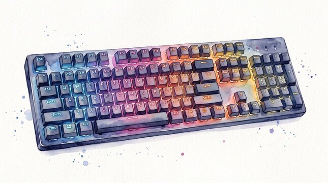 Watercolor illustration of a mechanical gaming keyboard with colorful backlit keys, soft gradient washes, subtle paint bleeding, hand-painted look, isolated on a clean white background