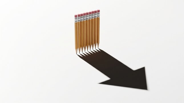 a row of pencils casting a long shadow shaped like a downward arrow on white background.
