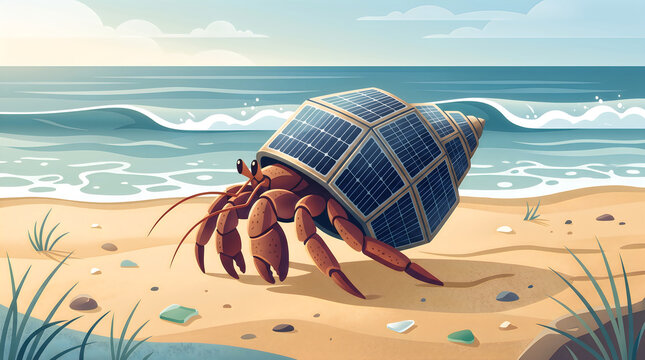 Hermit crab carrying a solar-panel-shaped shell across a beach, sustainable adaptation concept, editorial vector illustration