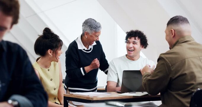 Teacher, students and high five in college with laptop, education and happy with group project grade. Lecturer, people and talk in university class with computer, celebration and smile for pass mark.