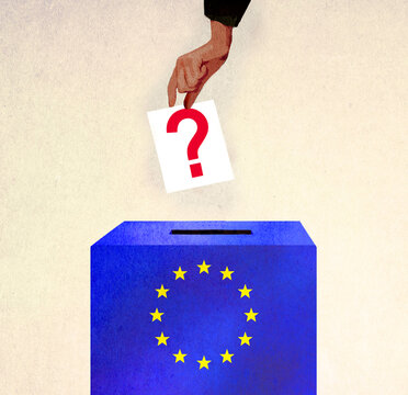 Hand putting a ballot with a question mark into an EU ballot box