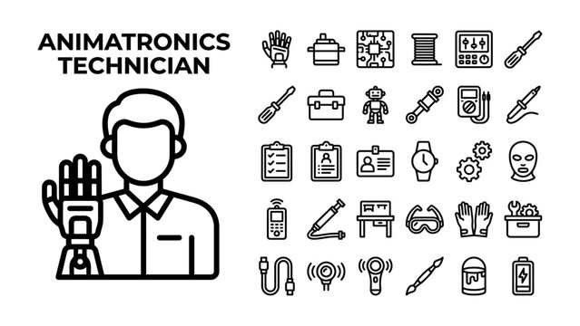 Animatronics Technician Icons: A graphic representation of an animatronics technician with an advanced robotic arm, accompanied by a collection of icons symbolizing various tools, components.