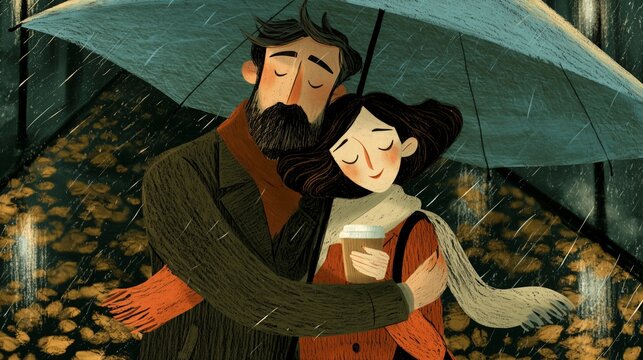 Couple sharing an umbrella while enjoying a warm drink on a rainy day in the city