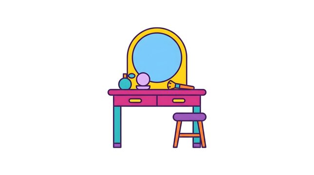 Colorful vanity dressing table with mirror and stool flat vector illustration isolated on white background
