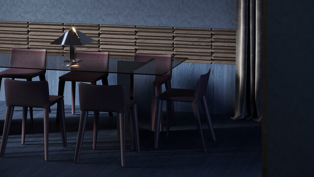 A modern dark restaurant interior features glass furniture