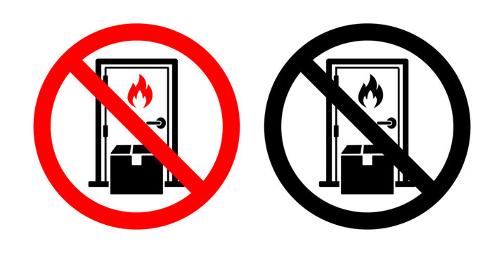 Fire door safety sign with prohibition, warning, emergency, exit and obstruction symbols, designed for workplace, industrial, building and fire safety signage.