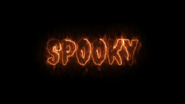 Spooky Halloween text animation. Glowing fiery lettering with flickering horror effect on black background.