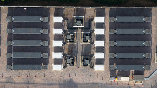 Aerial view shows a battery energy storage system facility outdoors
