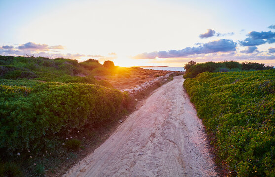 Italy, Sardinia, Naracu Nieddu, coastal path at sunset