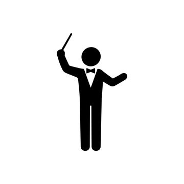 Pictogram icon of a conductor in formal attire conducting music with a baton, representing an orchestra director.