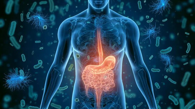 A human silhouette displays a glowing stomach linked to the brain. Surrounding it are gut bacteria, showing their role in the gut-brain connection and health.