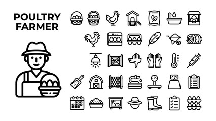 Poultry Farmer Icons: A collection of line art icons depicting elements of a poultry farmer's life and work, including a farmer character, chickens, eggs, coops, and farming tools. © Jannat