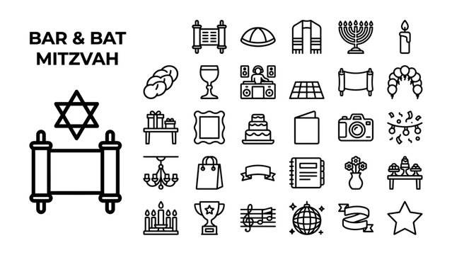 Bar and Bat Mitzvah Icon Set: A comprehensive collection of outline icons representing elements of a Bar and Bat Mitzvah celebration, including Torah scrolls, menorah, challah.