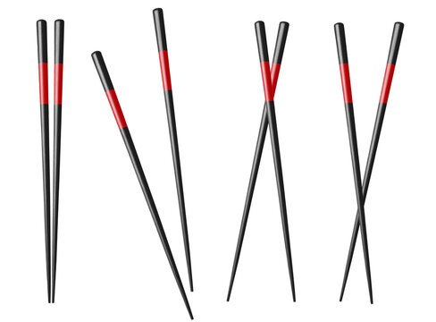 Collection of black chopstick pairs with red accents in different positions, isolated on transparent cutout background
