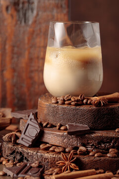 Cream and coffee cocktail with ice.