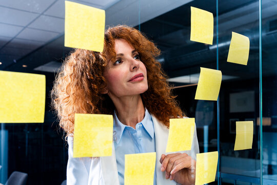 Mature businesswoman plans strategy on glass wall in the office